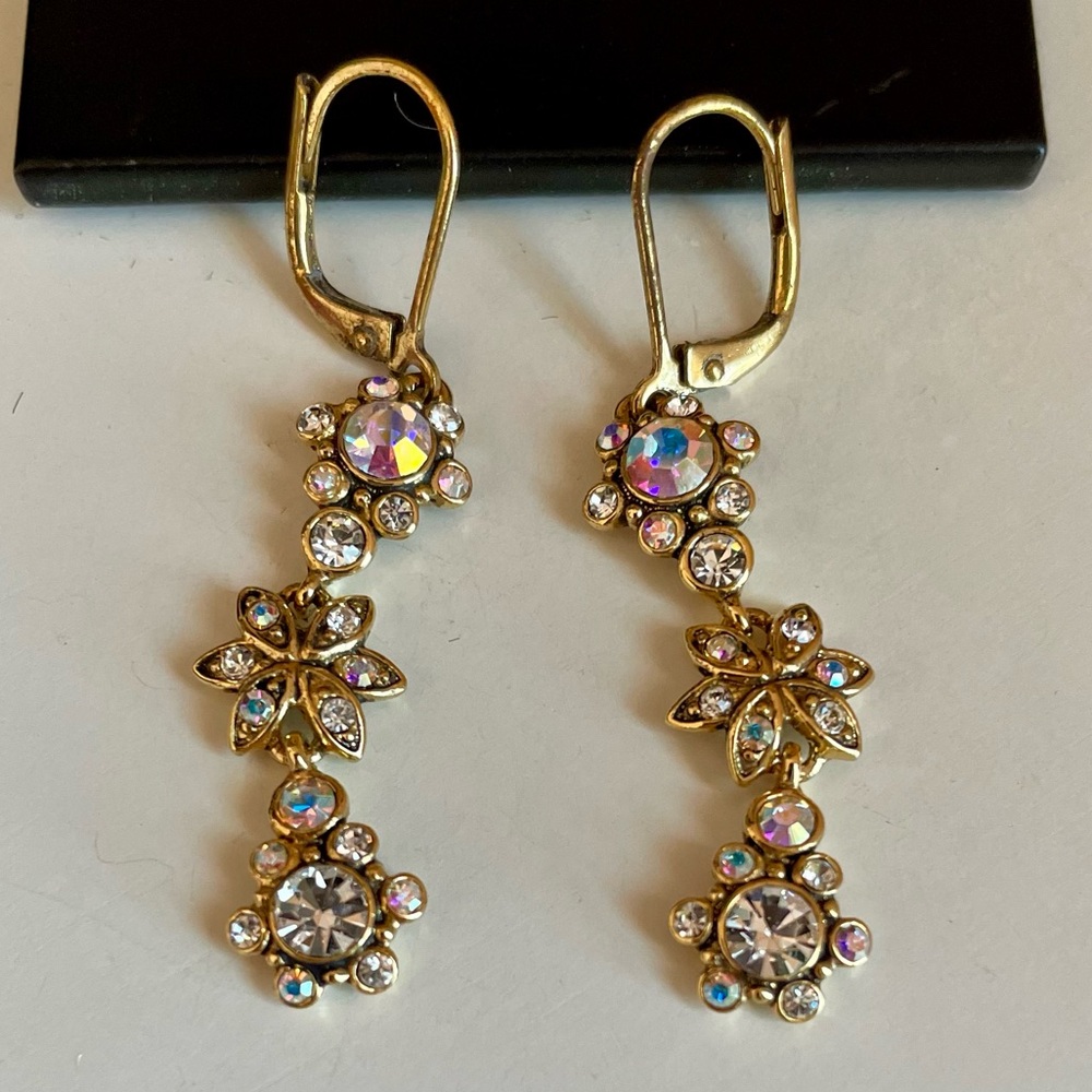 Vintage Joan Rivers Gold Plated Flower Drop Earrings With AB Swarovski Crystals - Picture 3 of 6